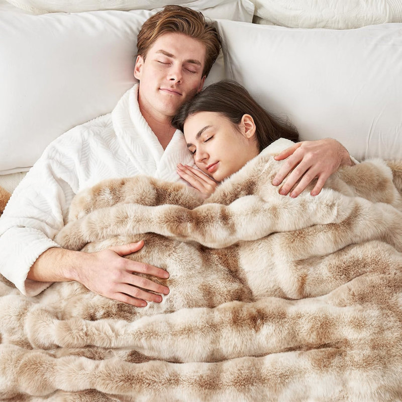 Tie-Dye Faux Rabbit Fur & Flannel Weighted Throw Blanket, Ultra Soft & Cozy for Sofa Couch Bed, Tie-Dye-Brown, 150cm x 180cm