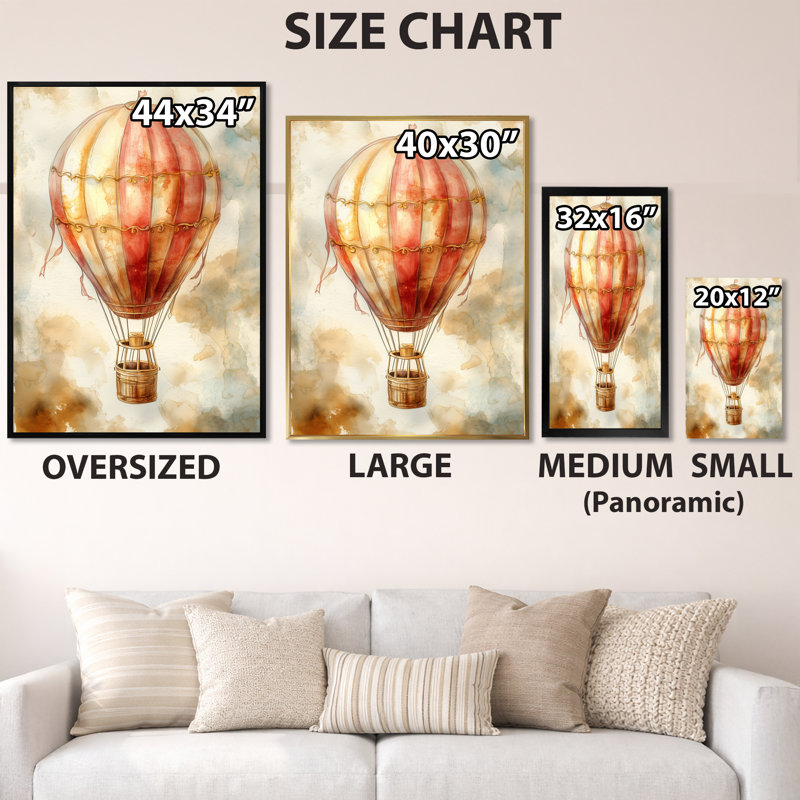 Ballon orange au-dessus des nuages ​​du matin I - Tableau encadré de style rétro transport, 20" H x 12" W