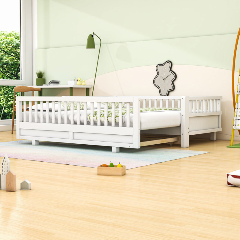 Lit plateforme extensible en bois avec garde-corps et lattes, Simple, Blanc