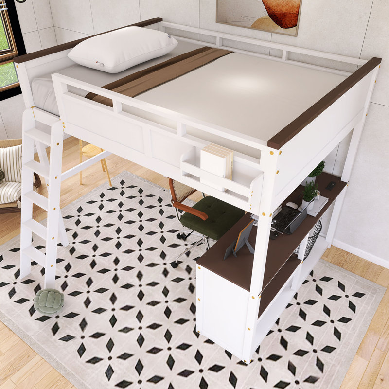 Wood Frame Queen Size Loft Bed With Desk,Open Shelf And USB Charging Station