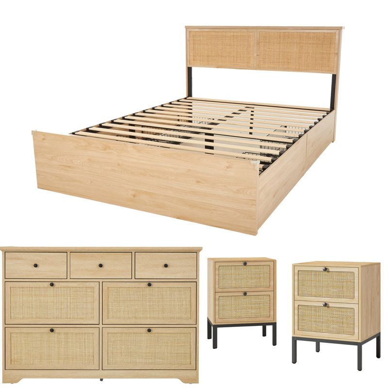 Boho Natural Rattan Bedroom Set, Queen, 3 Pcs: Bed, 2 Nightstands