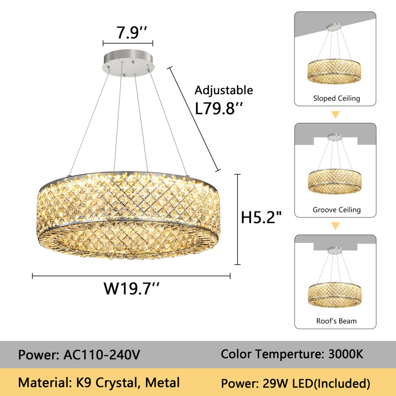 Modern Crystal Ring Dimmable Led Chandelier, Silver