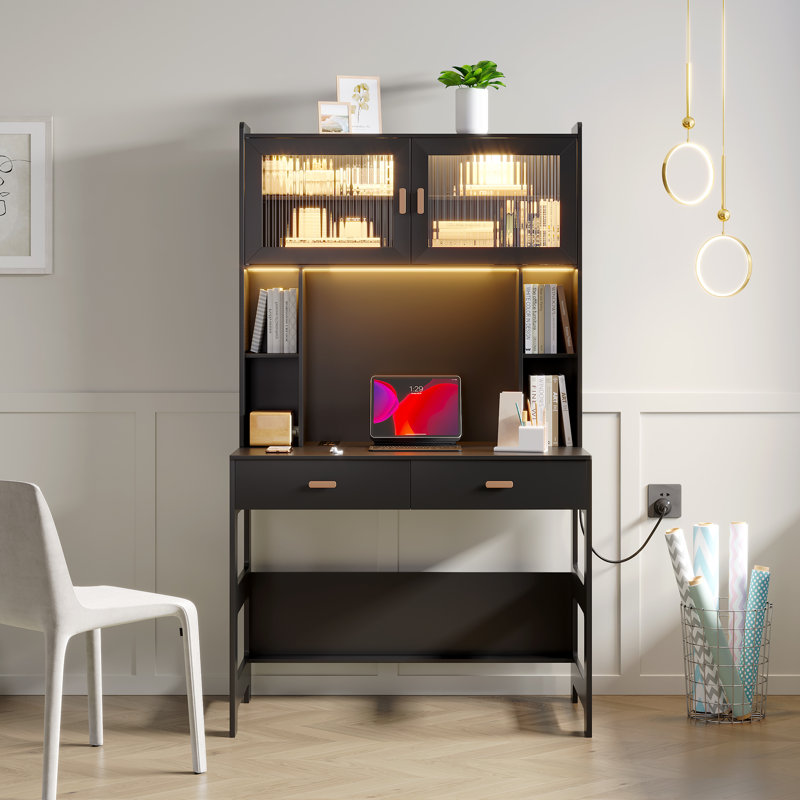 Berwaldt 40" W Rectangle Computer Desk with Hutch and Cabinet, Black