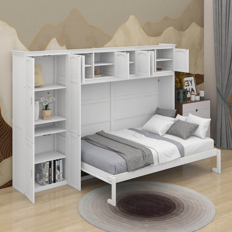 Grand lit escamotable avec armoires, Blanc