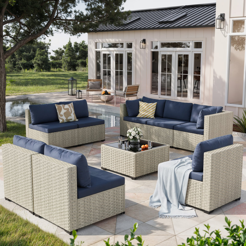 Ensemble de conversation 9 pièces en rotin pour patio avec coussins 9 pièces, Marine