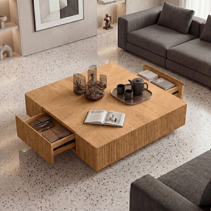 Table basse carrée en bois massif de 80 cm (31,5 pouces) avec 2 tiroirs, design cannelé artisanal, Noir
