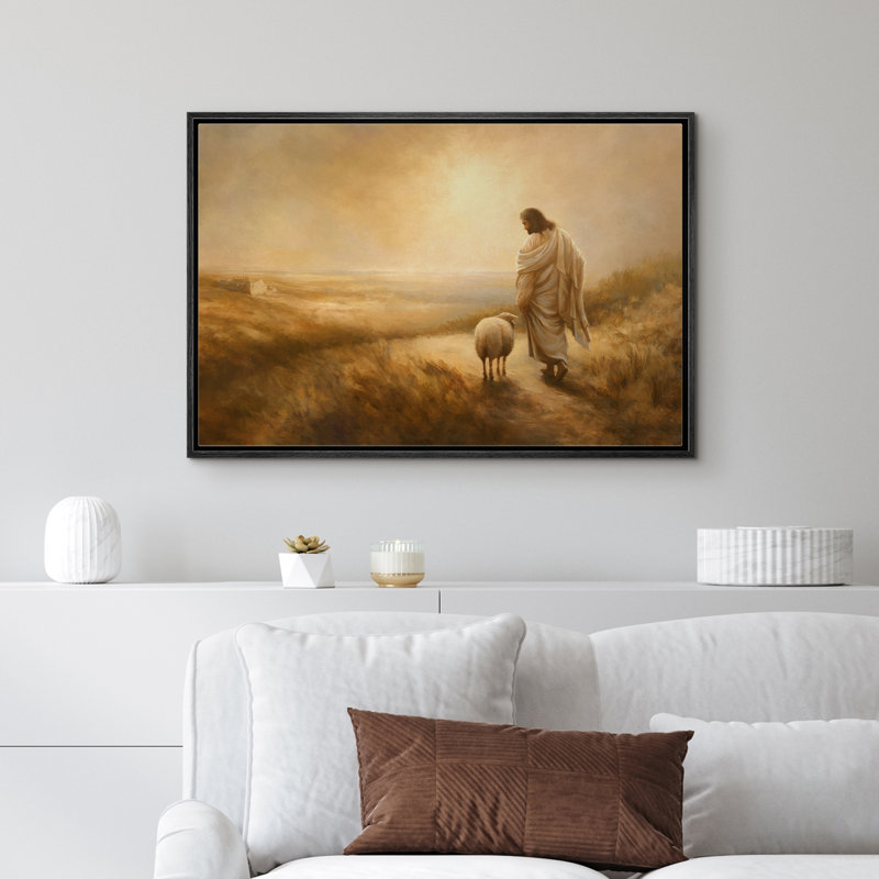 Jesus Christ And The Lost Lamb Walking Vintage Illustrations Religious Christian Artwork, Black, 16" H x 24" W