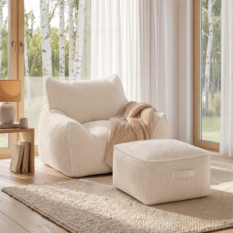 Large 320gsm Corduroy Bean Bag Lounger - Ergonomic 22kg Foam Support Floor Sofa - OEKO-TEX , Beige