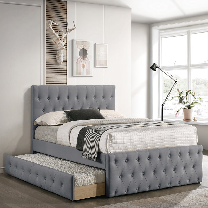 Fabric Fully Upholstered Twin Bed With Trundle, Gray
