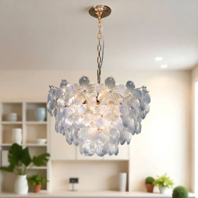 23.6" Blue Flower Glass Chandelier, Copper Finish, 9-Light E14, 3-Color Bulbs Included