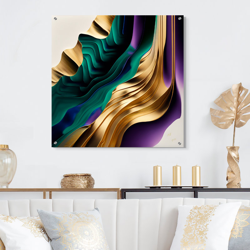 Mauve, vert et or, "Bold Strokes III", art mural abstrait en acrylique, H 36 po x l 36 po