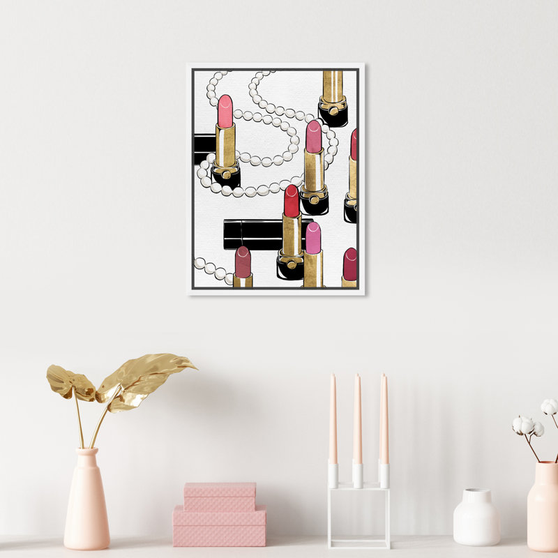 Rouge à lèvres et perles, maquillage - impression, H 15 po x l 10 po, Cadre en bois blanc