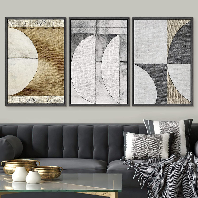 «Mid Century Shape Demi-Circle Polygon Collage», Abstrait, géométrique, illustrations, minimalisme - 3 pièces, cadre flottant, impression sur toile