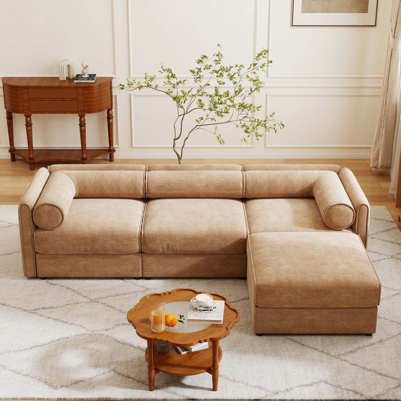 Canapé en chenille avec repose-pieds en tissu, 3, H 27,9 po x l 109 po x P 37,40 po, Chameau