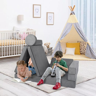 9PCS Kids' and Toddlers Convertible Sofa and Play Set Modular Foam Couch and Flip Out Lounger Indoor Furniture for Playroom Gray