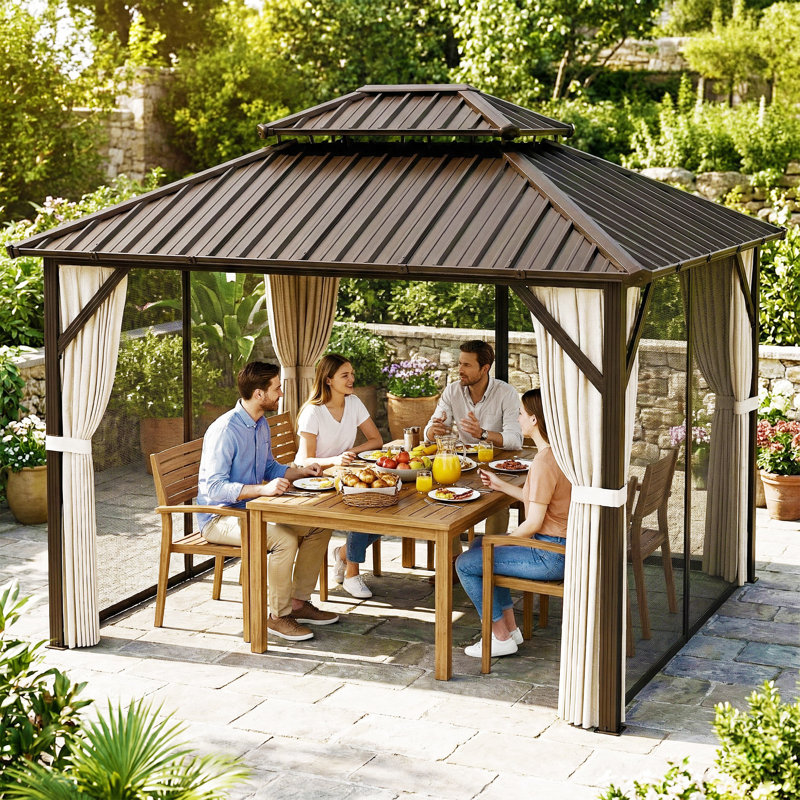 Outsunny 3 x 3 m Outdoor Hardtop Gazebo Canopy w/ 2-Tier Roof, 294cm H x 301cm W x 301cm D