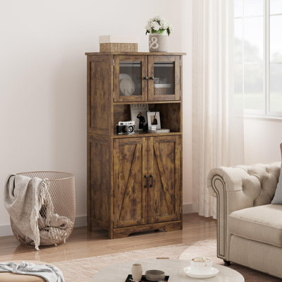 54" Tall Bathroom Storage Cabinet with Glass Doors, Freestanding Cabinet with Adjustable Shelves and Open Storage