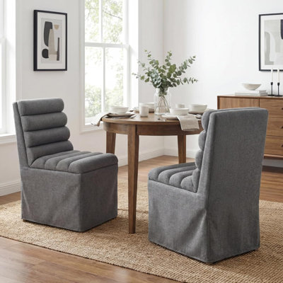 Upholstered Fabric Dining Chairs Set Of 2 With Cylindrical High Back & Skirted Slipcover