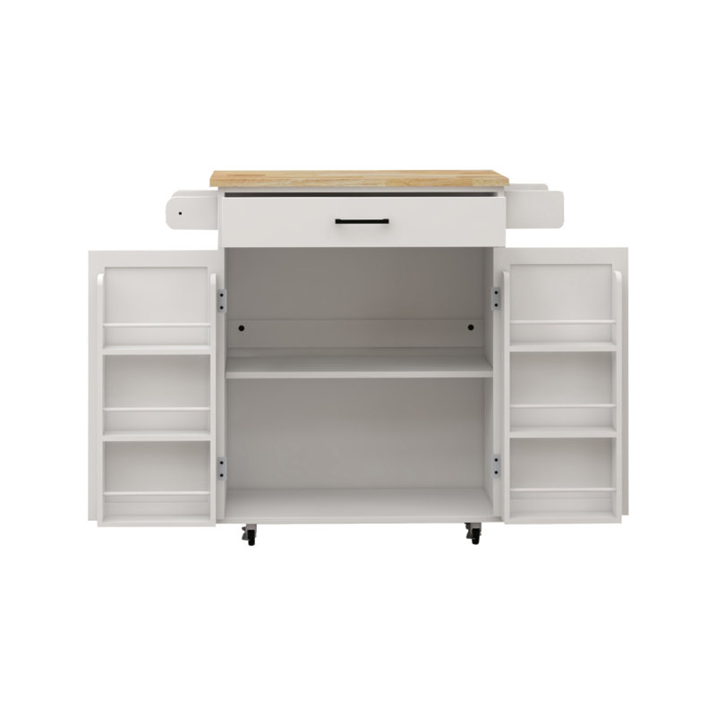 Kitchen Island Rolling Trolley Cart With 1 Drawer & 2 Doors With Storage Racks & Adjustable Shelves & Towel Rack & Seasoning Rack Rubber Wood Table Top-White