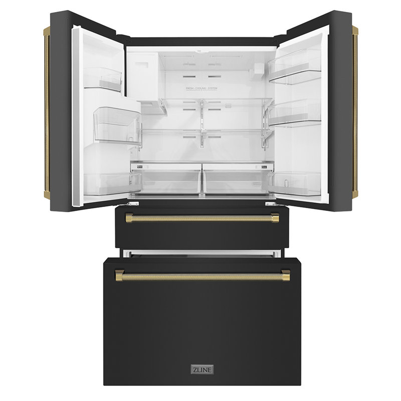 ZLINE Autograph 36 in. Counter-Depth Fridge w/ Water Dispenser in Black Steel & Gold Helix Handles, Gold