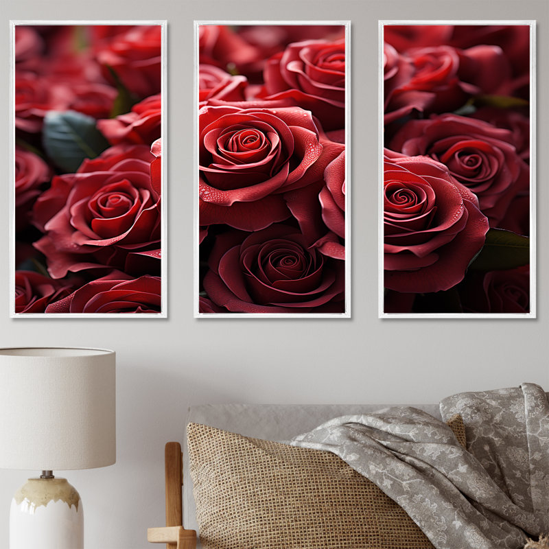 «Crimson Rose Passion I - Roses», ensemble d'art sur toile, Cadre flottant blanc, H 40 po x l 60 po x P 1 po