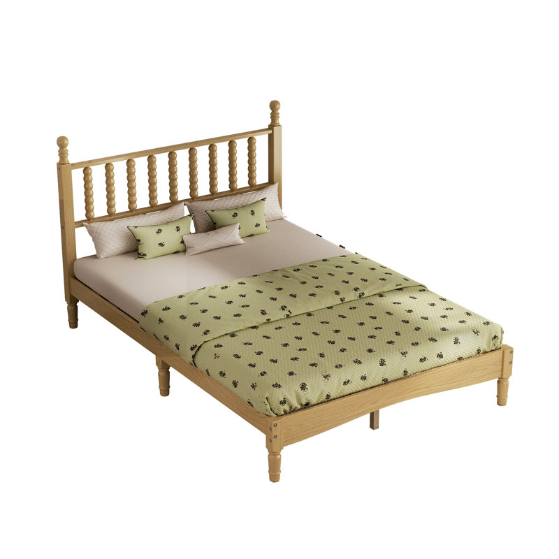 Wood Platform Bed With Gourd Shaped Headboard,Retro Style Platform Bed With Wooden Slat Support, Full