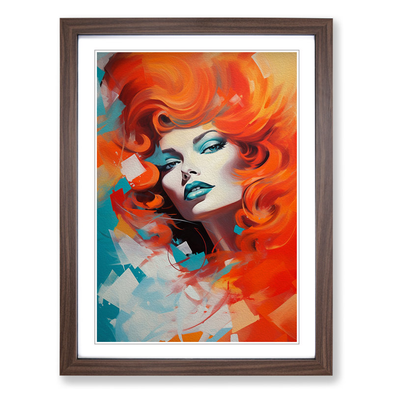 Red Headed Woman Abstract 1 Piece Single Picture Frame Wall Art, 34cm H x 25cm W x 2cm D, Walnut Framed
