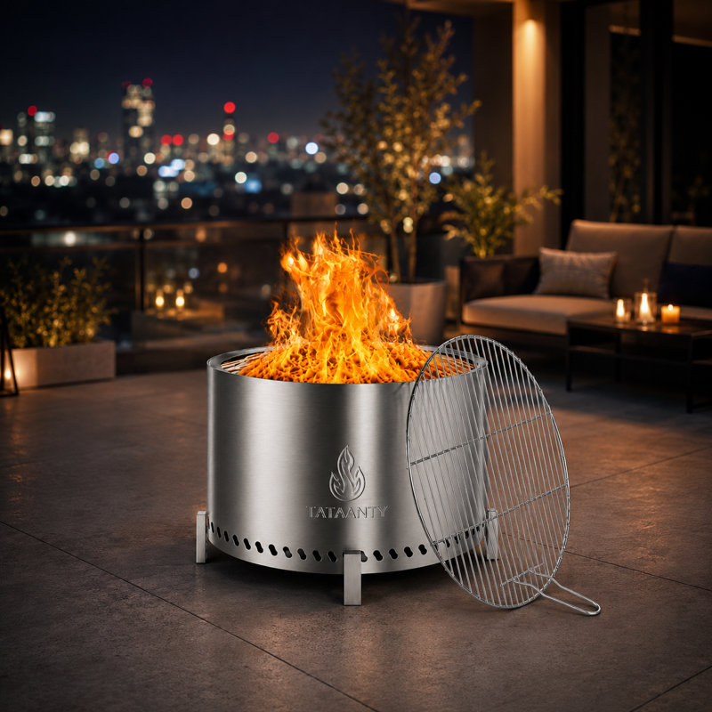TATAANTY 28 Inch Stainless Steel Smokeless Fire Pit , with Grill Rack & Support Stand, for Patio Backyard Bonfire BBQ, Silver