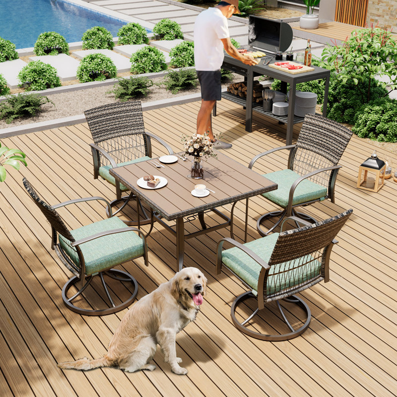 Hainer 4 - Person Patio Dining Set with Square Table , Cushions Included, Teal