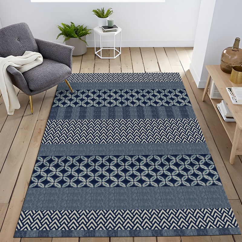 Tapis décoratif bleu à motif géométrique moderne, Rectangle 3 pi 11,24 po x 5 pi 10,87 po