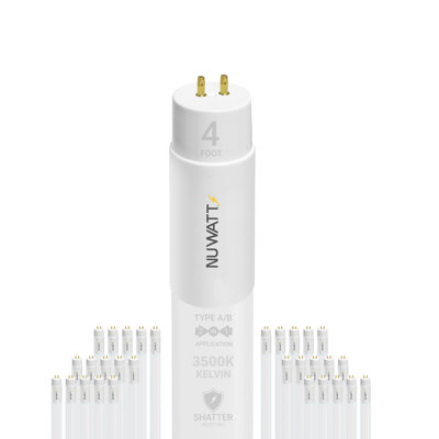 Paquet de 30 tubes fluorescents DEL T8 de 4 pi NuWatt, hybride T10 T12 de type A + B, blanc neutre 3500 K, haute luminosité de 18 W, 2 200 lumens, remplacement de tube fluorescent prêt à l'emploi ou de ballast, simple ou double