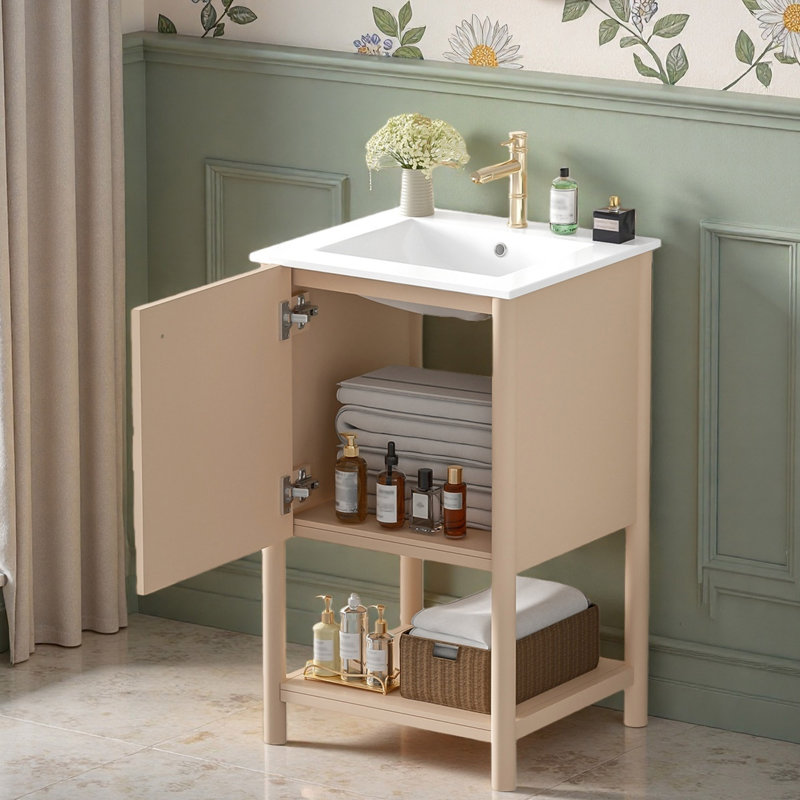 Meuble-lavabo étroit cannelé de 20 po avec lavabo en céramique, porte d'armoire à fermeture en douceur et tablette d'ouverture