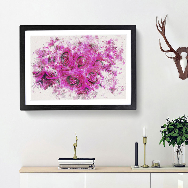 Wall Of Bright Pink Roses Watercolour - Picture Frame Graphic Art, 45cm H x 63cm W x 2cm D, Black