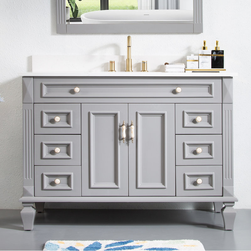 Elmmanual 35'' H X 48" W Solid Wood Bath Vanity with Stain-resistant Carrera White Quartz Top and Single Sink, Titanium Gray