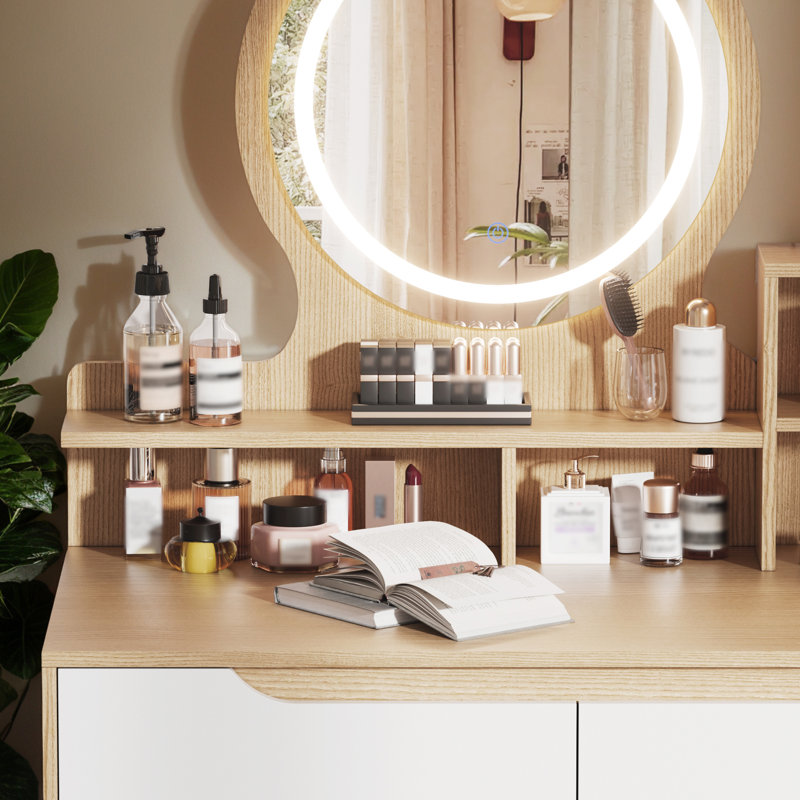 Makeup Vanity Desk With 3 Adjustable Lighted Mirror, Dressing Table Set With 4 Drawers And 3 Open Shelves