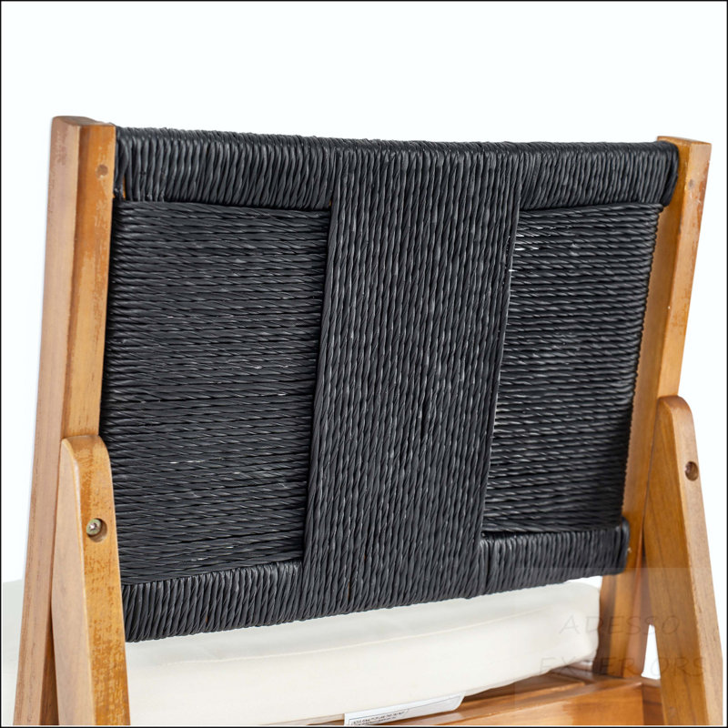 Ensemble de 2 tabourets de bar en bois d'acacia au fini teck avec coussin crème et dossier en osier noir