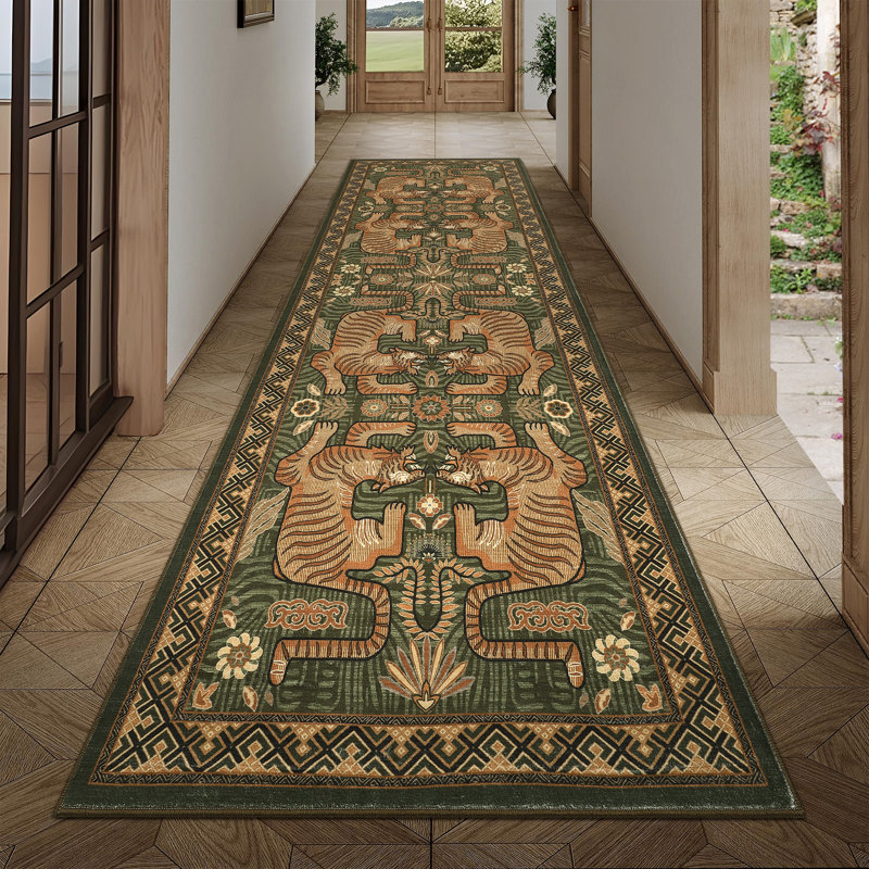 Tapis à imprimé animal vintage pour la lessive, la chambre à coucher et le salon, Vert, Tapis de couloir 96 po x 30 po