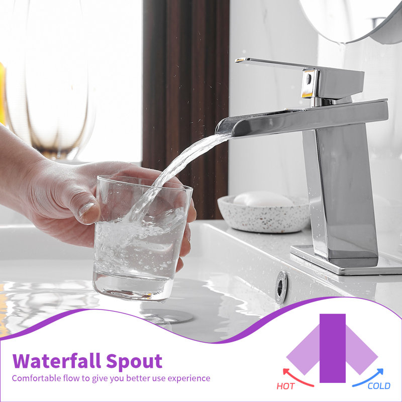 Robinet de salle de bain moderne à cascade à arc bas avec poignée simple et drain escamotable, Chrome poli, Bonde incluse