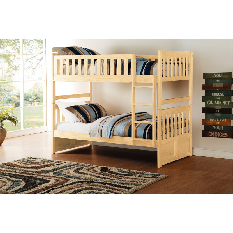 Lit simple superposé de style transitionnel, finition en pin naturel, garde-corps sur le lit supérieur, lit sans fondation requis, rails, sommier, pour la chambre à coucher