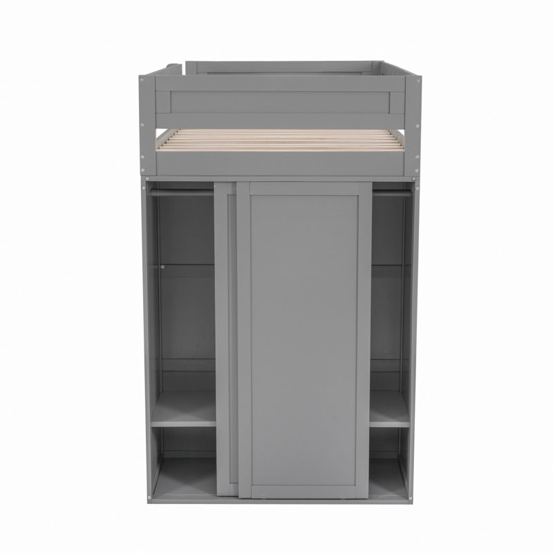 Wood Loft Bed With Wardrobe And 2-Drawer Desk, Grey, Twin