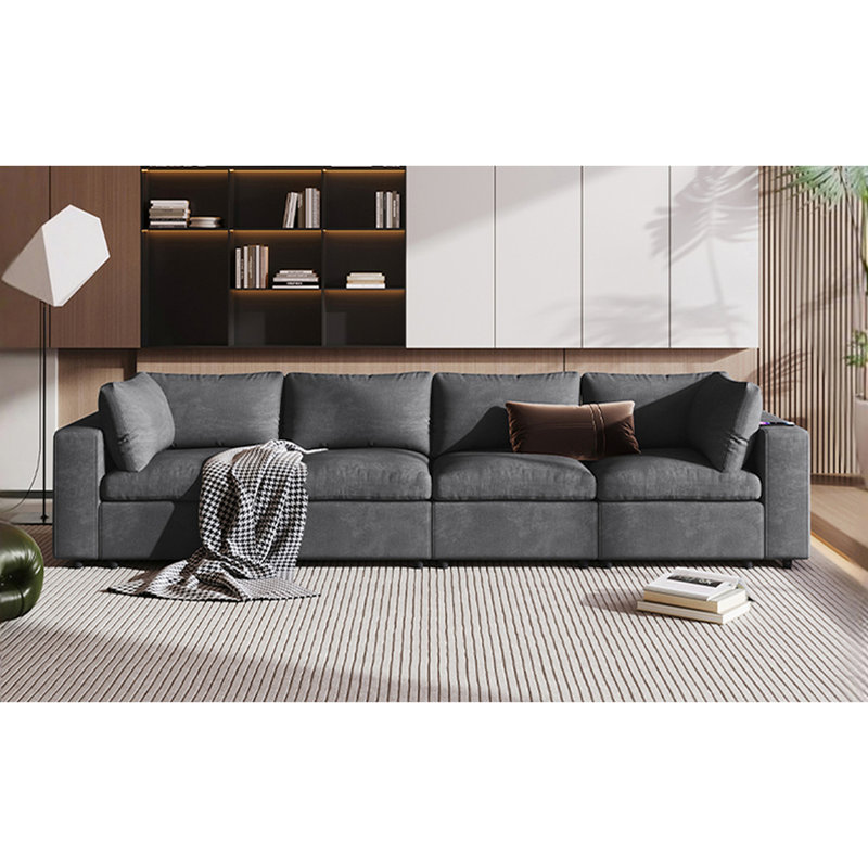 Confortable salon modulaire avec ports et haut-parleur de recharge sans fil dans l'accoudoir pour la maison, Polyester gris