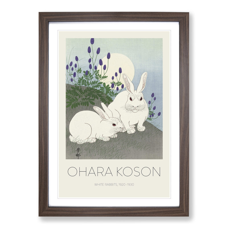 Rabbits at Full Moon Print by Ohara Koson - Picture Frame Painting, 48cm H x 36cm W x 2cm D, Walnut Framed