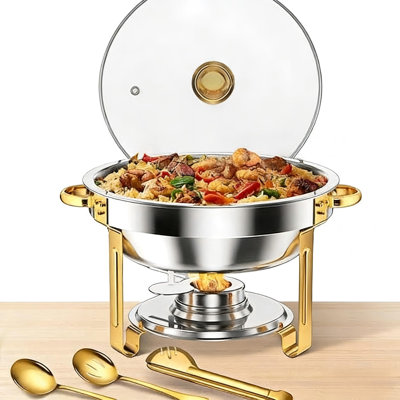 5Qt Chafing Dish Buffet Set, Stainless Steel Chafer with Glass Lid, Full Size Pan, Folding Stand & Fuel Holder
