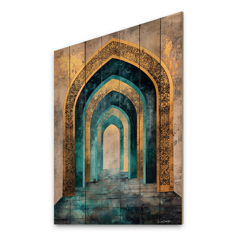 Voyage doré de grès arches II - décoration murale en bois de l'islam sur bois de pin naturel, H 40 po x l 30 po
