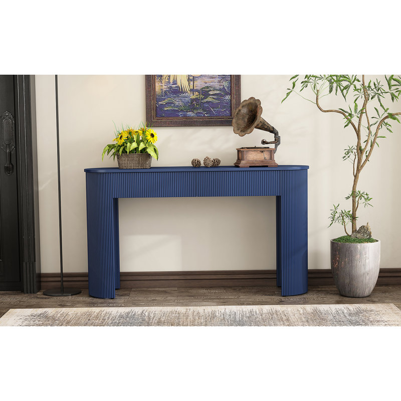 Table d'entrée avec design cannelé, console moderne avec rangement, plateau ovale et 2 tiroirs pour l'entrée et le salon (bleu marine)