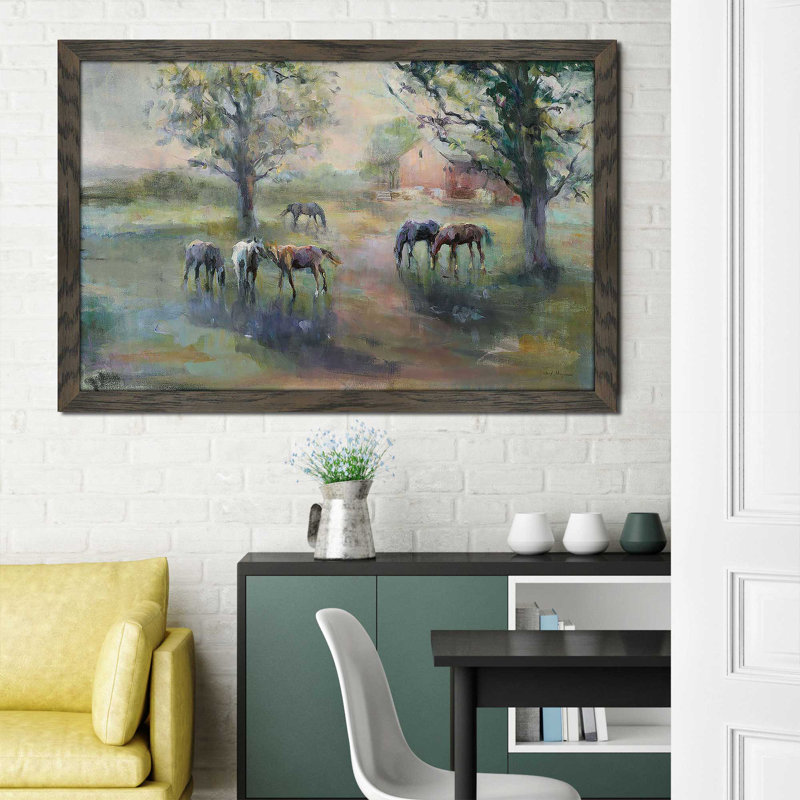 Lever du jour à la ferme par Marilyn Hageman - Peinture, Cadre chocolat patiné, H 21,5 po x l 27,5 po x P 0,75 po