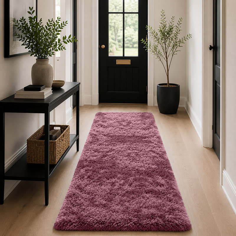 Luxury Plush Shaggy Area Rug & Runner, Soft Deep-Pile Non-Slip Living Room Carpet, Runner 80 x 150 cm, Pink/Lilac