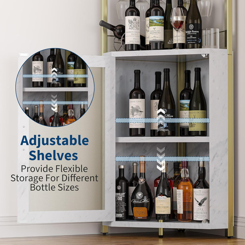 Armoire à vin de coin avec lumières DEL et porte-verre, armoire à 5 niveaux, or, 60.6 18.5 5.1, Doré