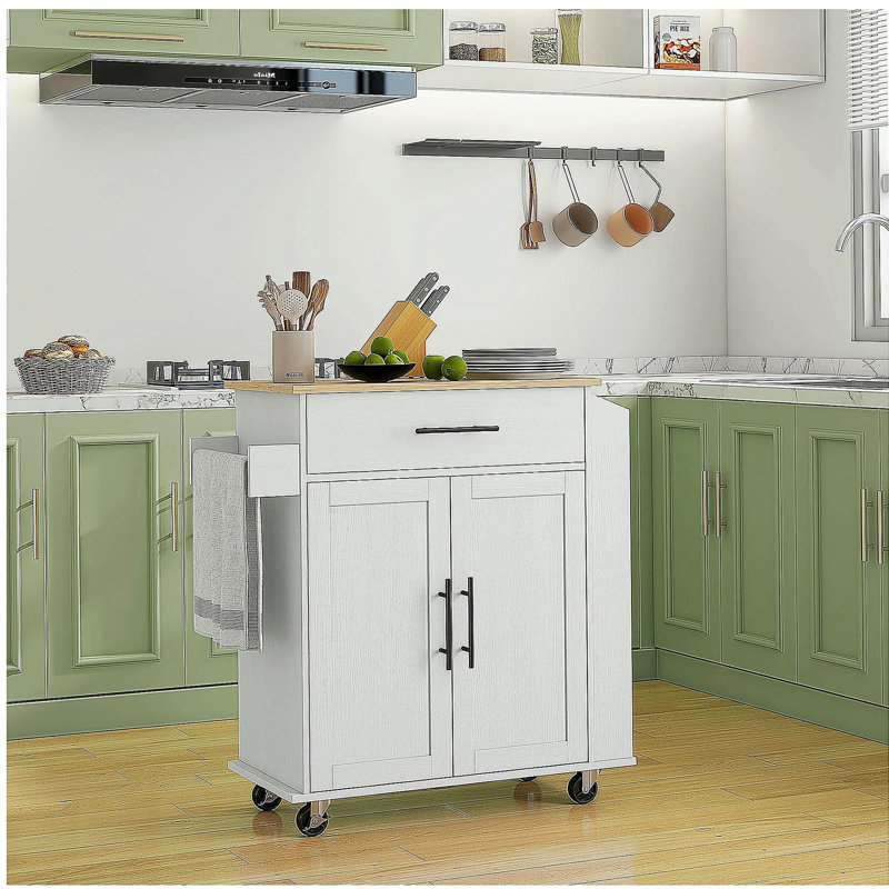 HOMCOM Kitchen Island with Storage, Rolling Kitchen Cart with AC Outlets and USB Ports, Microwave Stand with Towel and Spice Rack, White