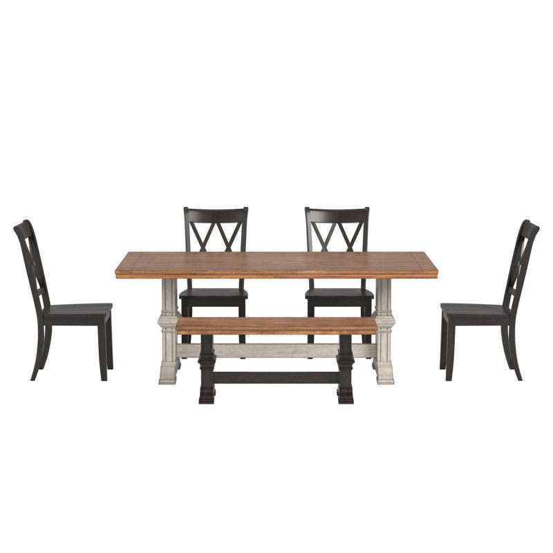 Ensemble de salle à manger Sloan 78 po en bois massif fini chêne avec chaises à dossier en X - 7 pièces, table à piètement blanc antique, chaises à piètement noir antique et banc